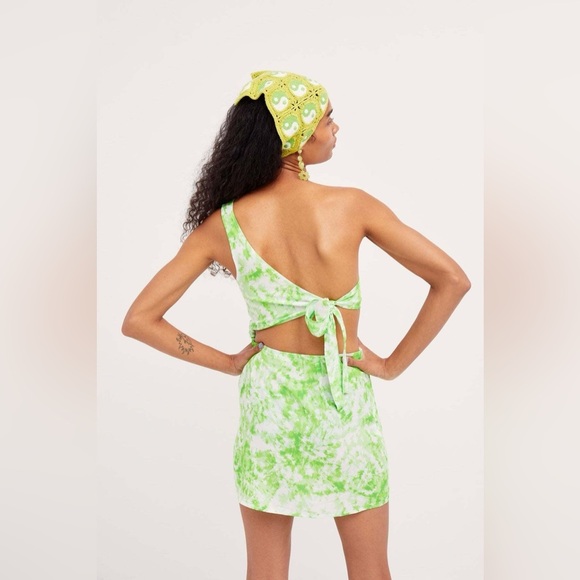 🔆 For Love And Lemons Green Tie-Dye One-Shoulder Devon Mini Dress - Picture 2 of 6